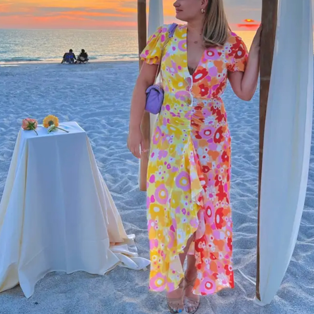 Rixo Whimsical Floral Colorblock Maxi Dress SMALL Ruched Orange Party Fun $420 - Picture 5 of 16